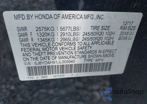 2018 Acura Mdx Advance from USA, damaged, VIN 5J8YD4H91JL005940